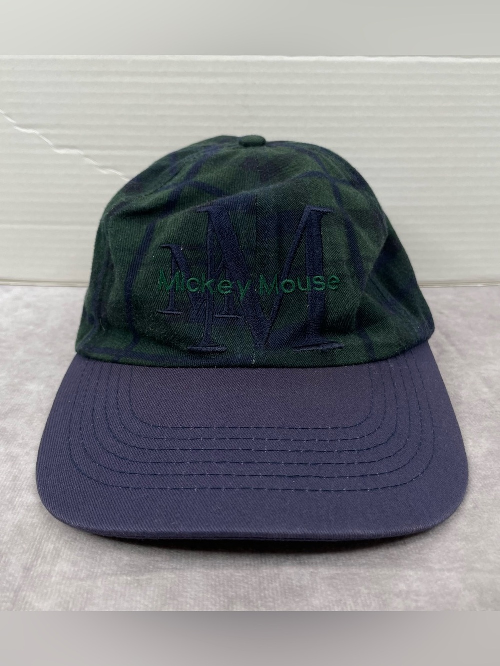 Vintage Disney Hat Cap Snap Back Green Plaid Mickey Mouse Theme Park 90s Adult